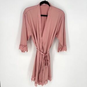 Silky, satin, feminine, romantic, whimsy whimsical, bohemian Pink Lace Trim Robe